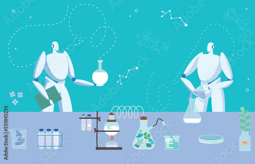 Modern technology device artificial intelligence medical robot hold flask, manufacture medicinal product flat vector illustration.