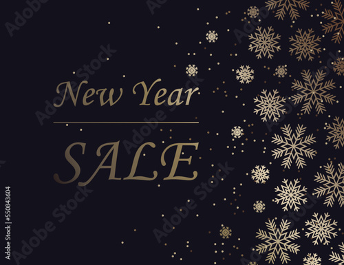 New Year's Discount, Sale. Gold on dark background. Snowflakes, glitter. Holiday dressy banner.
