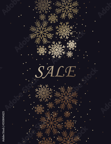 New Year's Discount, Sale. Gold on dark background. Snowflakes, glitter. Holiday dressy banner.
