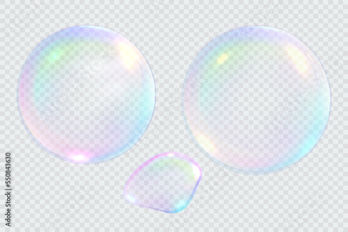 Set of realistic colorful soap bubbles. Transparent realistic soap bubbles isolated on transparent background.