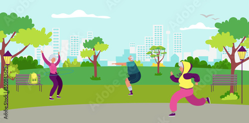 Old people character together outdoor workout nation city park, elderly sport physical education flat vector illustration, urbanscape view.
