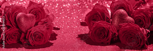 Fototapeta Naklejka Na Ścianę i Meble -  roses and valentine red heart on red glitter background. Valentine's Day card