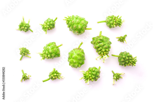 Noni or morinda citrifolia and noni flower isolated on white background , top view , flat lay.