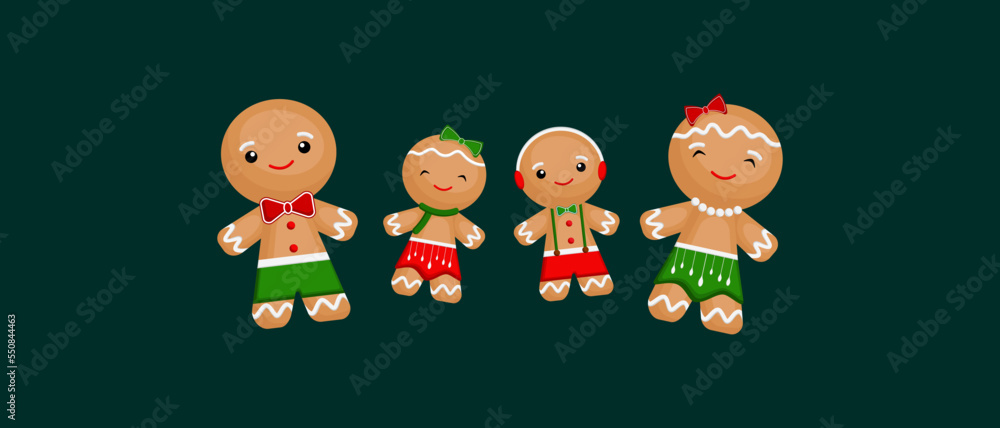 Christmas banner. Green background of gingerbread man Xmas design. Horizontal new year poster, greeting card, and headers for the website.