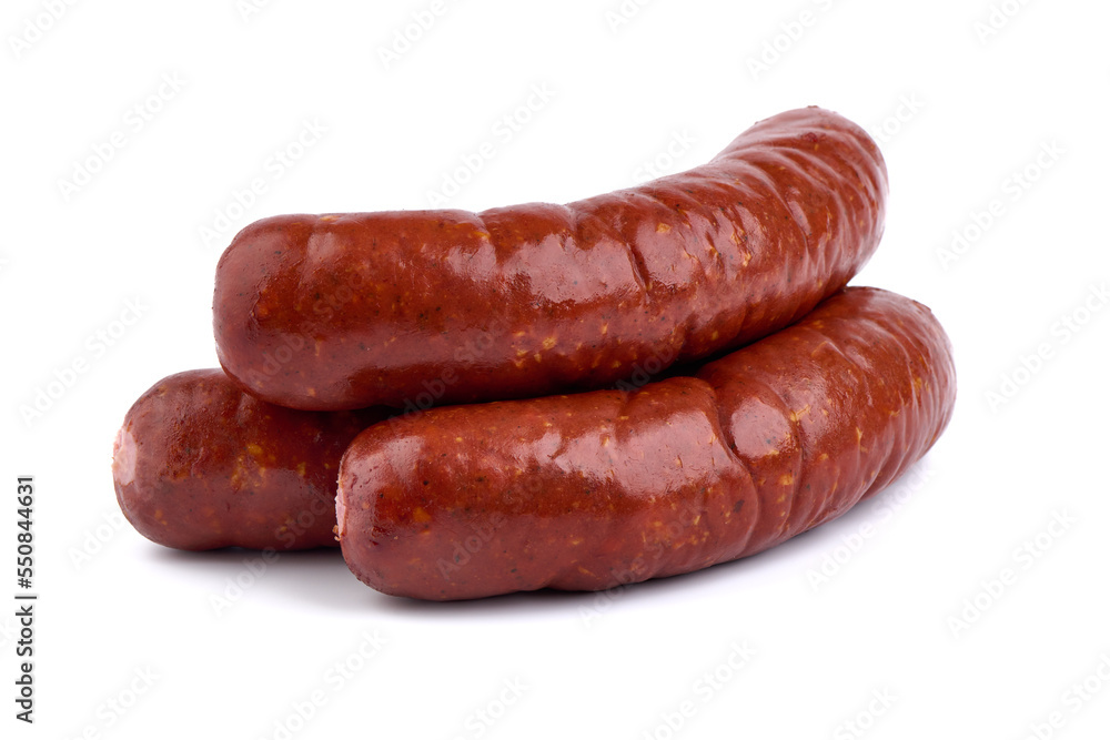 Smoked german sausages, isolated on white background. Smoked german sausages, isolated on white background.
