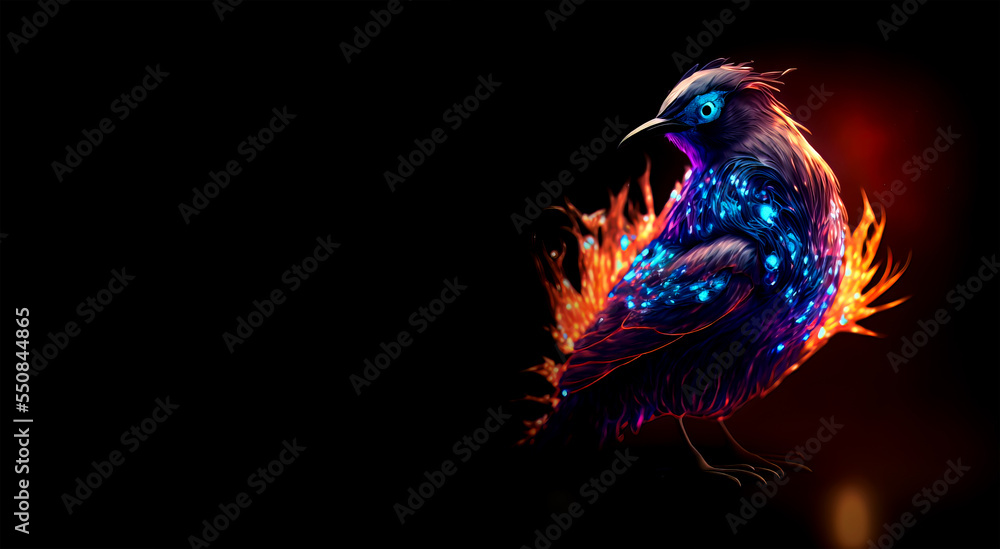 Magic colorful bird with glowing feathers on black background. Generative AI fairy bird illustration on black background. Magical bird looking into the camera. 