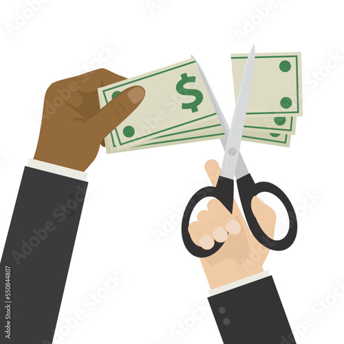 Employee hand holds banknotes, boss uses scissors and cuts off some money. Reduction of wages, increase taxes. Inflation reduces profits and deductions. Economic crisis, business problems,