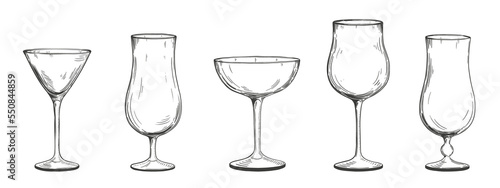 Collection of hand drawn glass goblets for alcohol. Illustration on transparent background