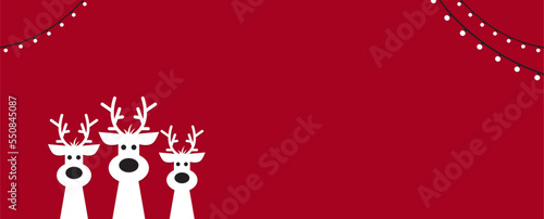 Cute Christmas reindeer on a red background. Christmas background, banner, or card.