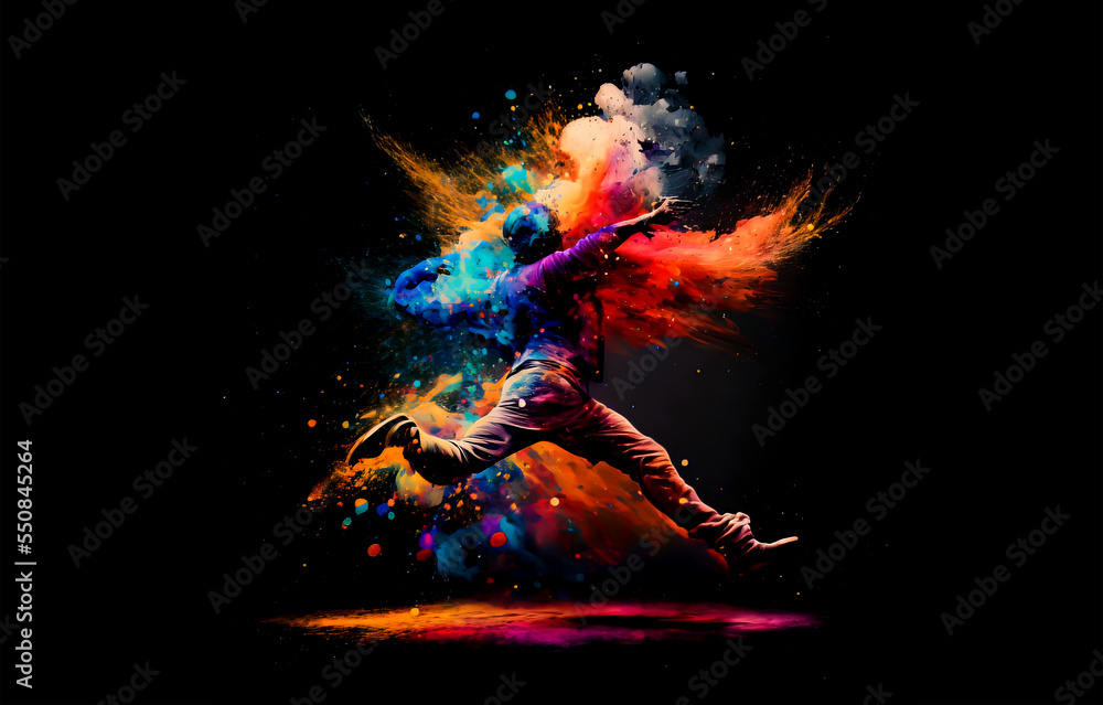 Man jumps in abstract multicolor paint explosion. Freeze motion man running through paint splash. Paint clouds with person silhouette on black background, Generative A illustration.