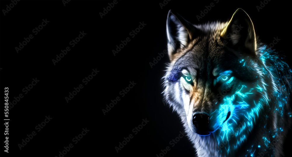 Generative AI magic frost wolf with blue eyes in the dark on black background. Fairy wolf portrait with glowing fur. Frost wolf illustration. Generative AI magic frost wolf with blue eyes in the dark on black background. Fairy wolf portrait with glowing fur. Frost wolf illustration.