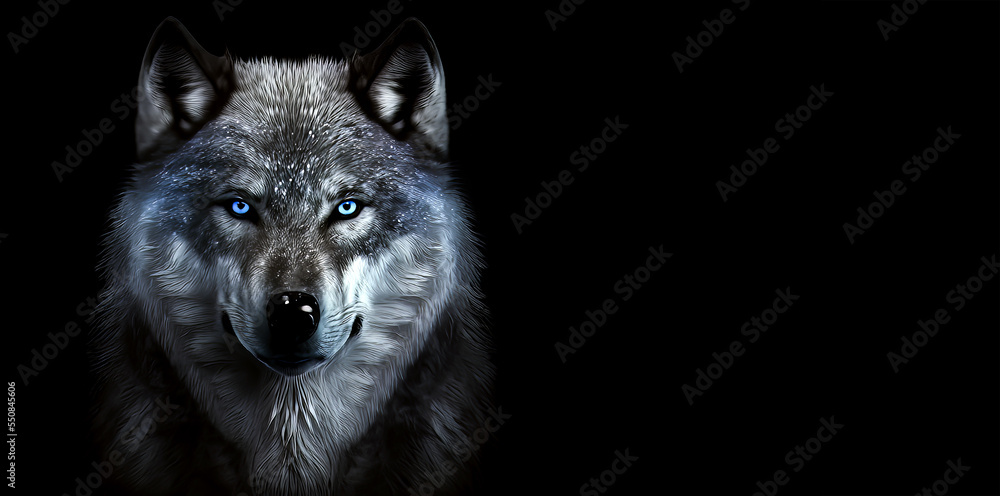 Magic frost wolf with blue eyes in the dark on black background. Fairy wolf portrait. Generative AI frost wolf illustration.