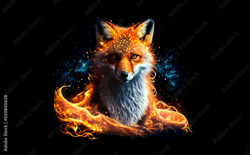 Magic fox in flames on black background. Fire kitsune on black background.  Generative AI fairy flame fox illustration. Magical beasts and animals.  Stock Illustration | Adobe Stock