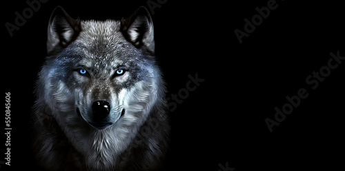 Magic frost wolf with blue eyes in the dark on black background. Fairy wolf portrait. Generative AI frost wolf illustration. © Sergie
