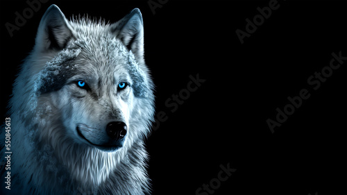 Magic frost wolf with blue eyes in the dark on black background. Fairy wolf portrait. Generative AI frost wolf illustration. © Sergie