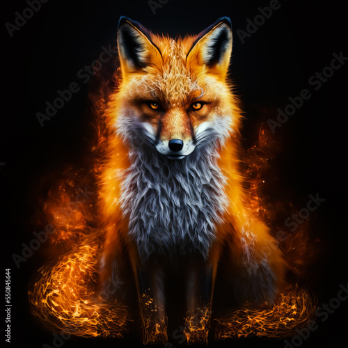 Magic fox in flames on black background. Fire kitsune on black background. Fairy flame fox Generative AI illustration. Magical beasts and animals. © Sergie