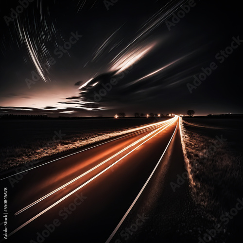 Highway traffic light streaks. Long exposure of urban night road. Generative AI illustration of highway traffic with light trails from cars, long exposure.