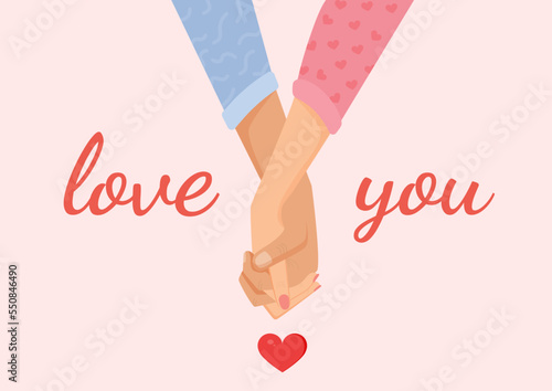 Vector romantic illustration with female and male hands for a postcard, textiles, decor, poster, banner, internet, social networks. Greeting card for Valentine's Day and other holidays. Hold hands.