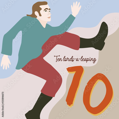 The twelve days of Christmas. Tenth day. Ten lords-a-leaping. Christmas concept.