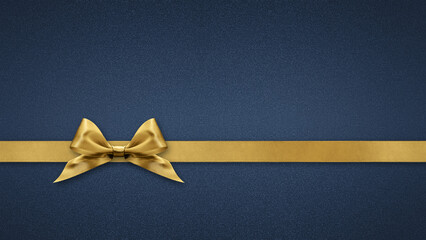Blank gift greeting card with golden shiny ribbon bow tape, isolated on blue background, top view and copy space, template for promotion shopping advertising banner, merry christmas and father day