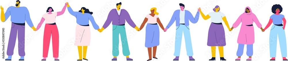Team of multiracial and multicultural young men and women standing holding. Friendship, unity concept flat vector illustration. 