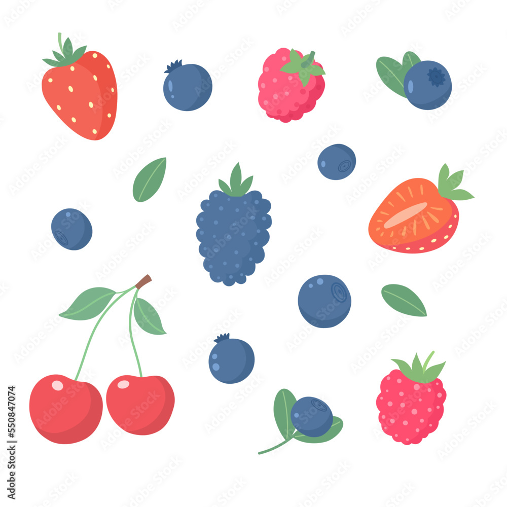 Summer berries set. Strawberry, raspberry, blueberry. Vector flat illustration. 
