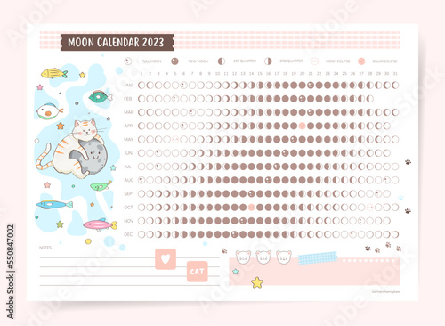 One page 2023 year cute lunar calendar. Modern moon with cartoon cat, moon and fishes. Horizontal poster print for astronomy and astrology practice. 2023 lunar calendar with cute vector cat and moon.
