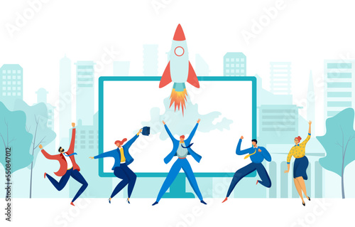 Business group people together rejoice successful start up, tiny character employee jump flat vector illustration, isolated on white.