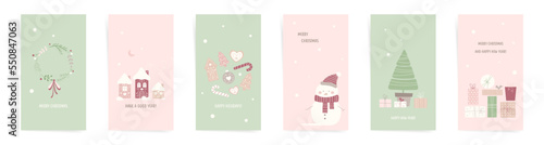 Christmas sale stories template set. Christmas green red pink design for new stories, promo posts, greeting cards. Winter design with snowman, gift boxes, christmas tree, gingerbread and wreath.