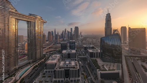 Futuristic Dubai Downtown and finansial district skyline aerial all day timelapse.