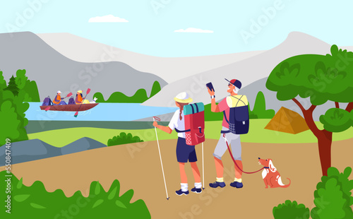 Lovely romantic touristic couple pedestrian walk outdoor travel, female male with dog trip boat flat vector illustration, backpack hiking.