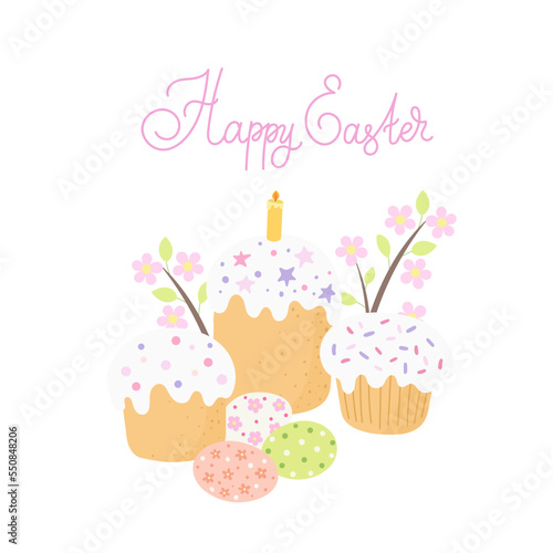 Happy Easter card template with kulich, eggs, cakes and flowers. Vector flat illustration.
