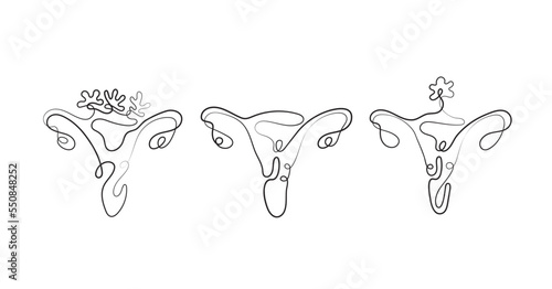 Drawing of Woman uterus in Line art style. Illustration of Woman Pregnancy. Happy Mother Day Minimalist Abstract Illustration for Card, Banner, Poster, Logo Design. Maternity concept