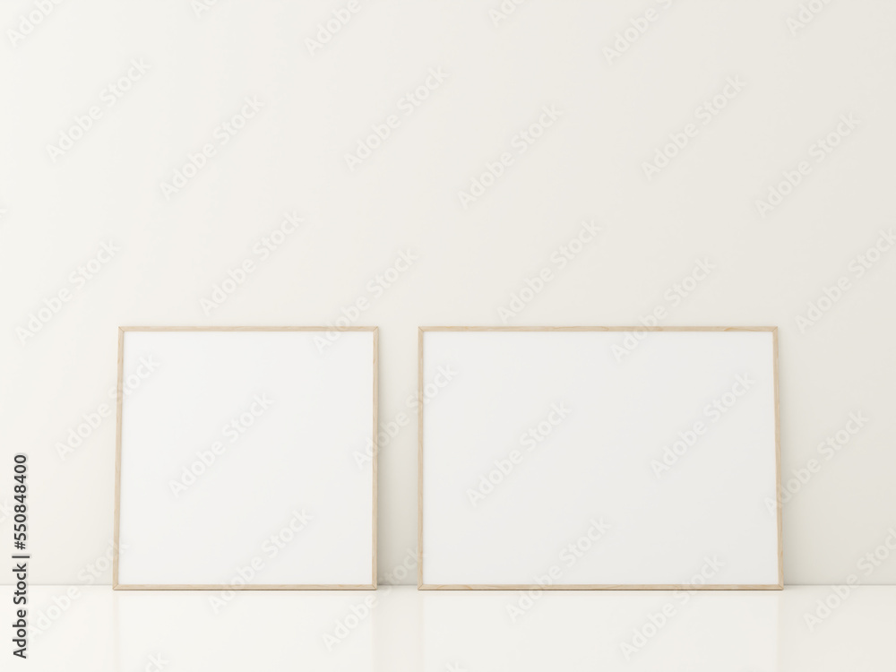 Frame with poster mockup standing on the white floor. minimalist frame mockup. 3d rendering Frame with poster mockup standing on the white floor. minimalist frame mockup. 3d rendering