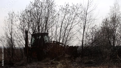 Tractor with a bucket breaks out and uproots trees, clearing a field of branches for planting crops photo