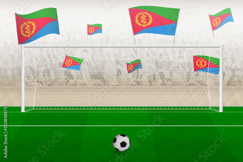 Eritrea football team fans with flags of Eritrea cheering on stadium, penalty kick concept in a soccer match.
