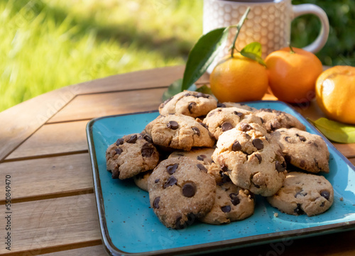homemade chocolate chip cookies on natural background