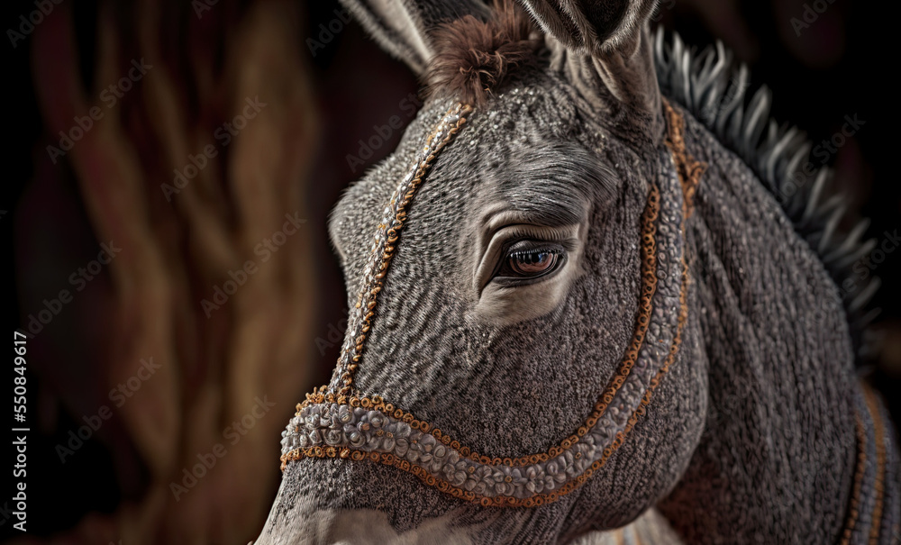 Grey donkey in intricate lace, beautiful grey fiction donkey, cute donkey, close up donkey head, season, Christmas, winter, greetings, illustration, digital Grey donkey in intricate lace, beautiful grey fiction donkey, cute donkey, close up donkey head, season, Christmas, winter, greetings, illustration, digital