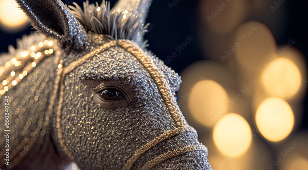 Obraz premium Grey donkey in intricate lace, beautiful grey fiction donkey, cute donkey, close up donkey head, season, Christmas, winter, greetings, illustration, digital