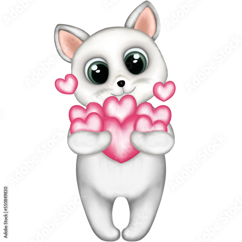 Watercolor baby kitten with pink hearts.Valentine’s Day,Wedding invitations,Greeting cards,etc.