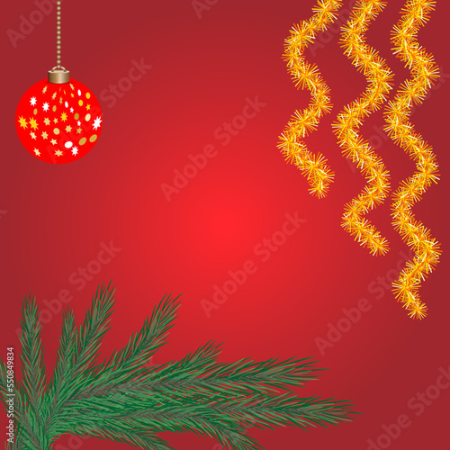 christmas composition of green fir branches, toy ball and tinsel on a red background. Vector drawing