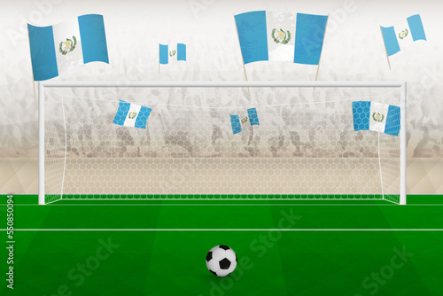 Guatemala football team fans with flags of Guatemala cheering on stadium, penalty kick concept in a soccer match.