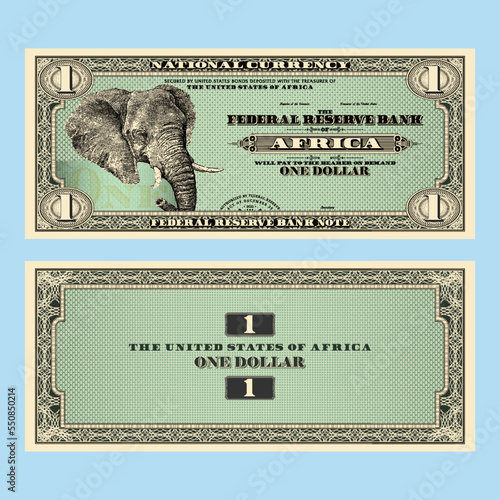Vector fictional African money with a face value of 1 dollar. Obverse and reverse of the banknote with a guilloche frame and head of elephant.