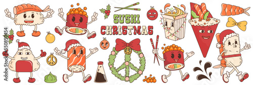 Groovy christmas sticker set with sushi, ramen, roll, soy sauce, wasabi, shrimp. In trendy groovy hippie retro style. Vector illustration with typography elements. Retro cartoon characters Asian food.