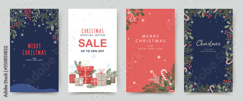 Cute Christmas background with Christmas tree branches, snow, red berries, gift boxes and snowflakes. Winter holiday vector flat style illustration for greeting card, cover, banner, social media post