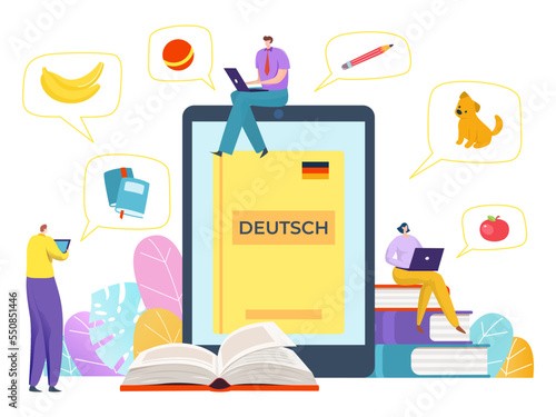 Modern technology education process, tiny character student learning german language flat vector illustration, isolated on white.