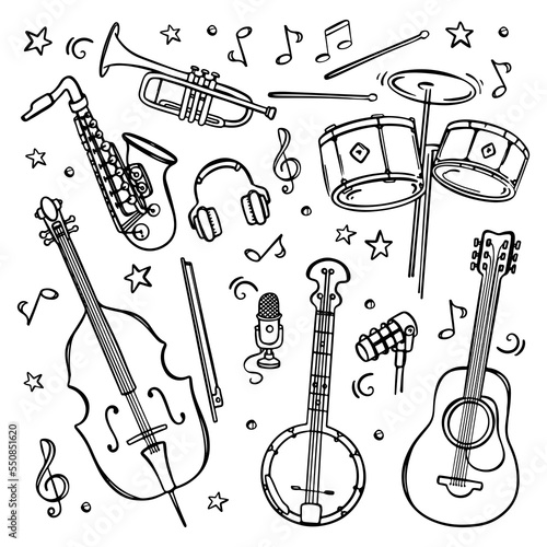 MUSICAL INSTRUMENTS Large Design Collection For Concerts And Recording Studios Notes Treble Clef Microphones And Headphones Monochrome Hand Drawn Vector Set