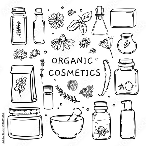 ORGANIC COSMETICS Monochrome Hand Drawn Sketch Set For Design And Farmaceutics Vector Collection Of Medicinal Plants Their Elements And Packages Finished Drugs