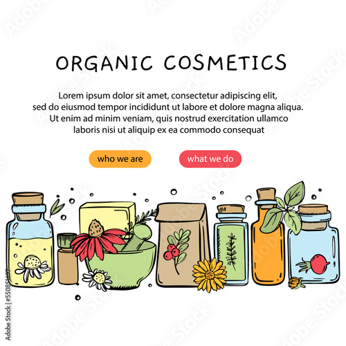 ORGANIC COSMETICS WEB CONCEPT Pharmaceuticals Online Store Marketplace Trade Ordering And Selling Medical Products Hand Drawn Vector Illustration Sketch Banner