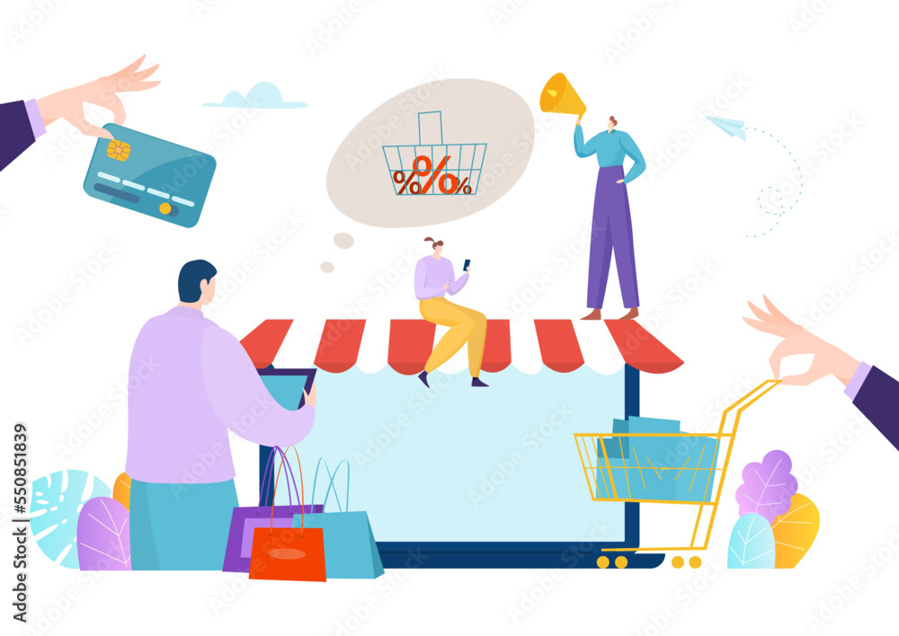 Modern technology online marketplace retail business, tiny character sell and purchase digital store flat vector illustration, isolated on white.